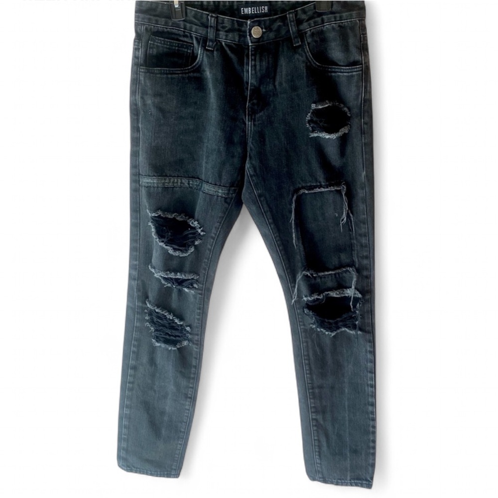 EMBELLISH BLACK SKINNY DISTRESSED MOTO BIKER JEANS SIZE 32